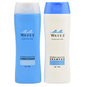 blue conditioner bottle and white shampoo bottle