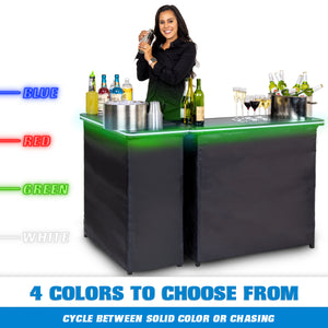 a woman standing behind a bar with a bottle of wine