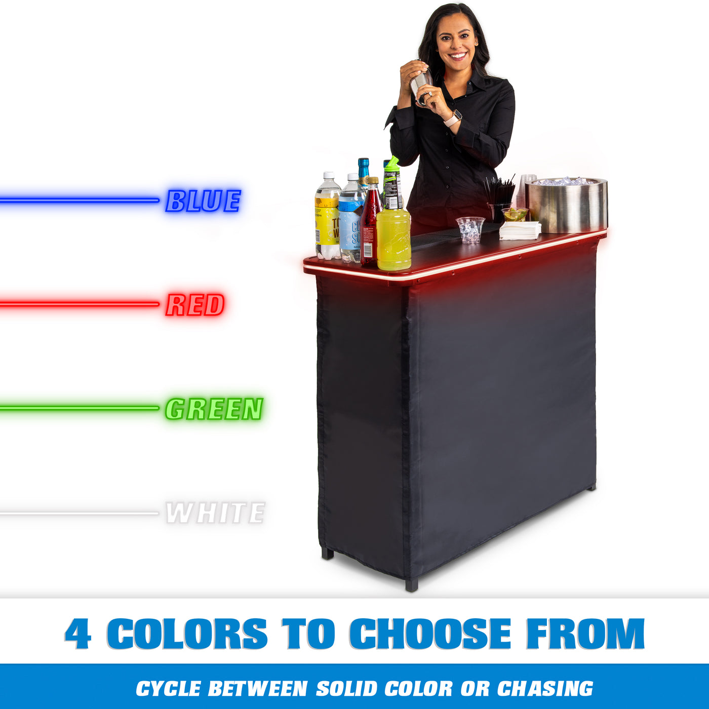 GoBar PRO LED Commercial Grade Portable Bar Table with Multi-Color Lights - 47.5 x 19 x 38 Inches Assembled - Includes Black Skirt and Carry Case GoBar PRO LED Commercial Grade Portable Bar Table with Multi-Color Lights - 47.5 x 19 x 38 Inches Assembled - Includes Black Skirt and Carry Case