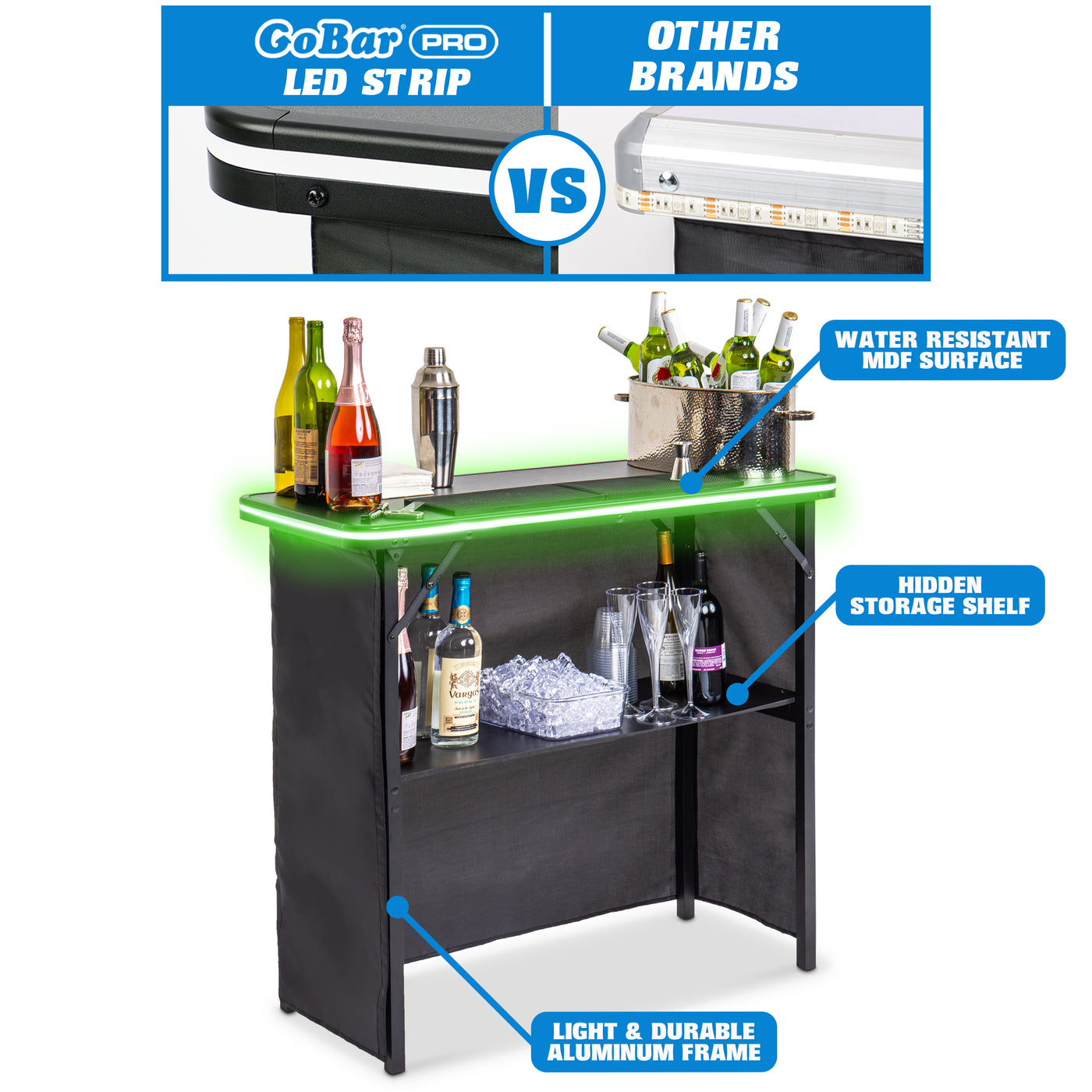 Portable Folding LED Bar With Wireless Remote, 2 Bar Skirts, Storage Shelf & Carrying Case – USA Model