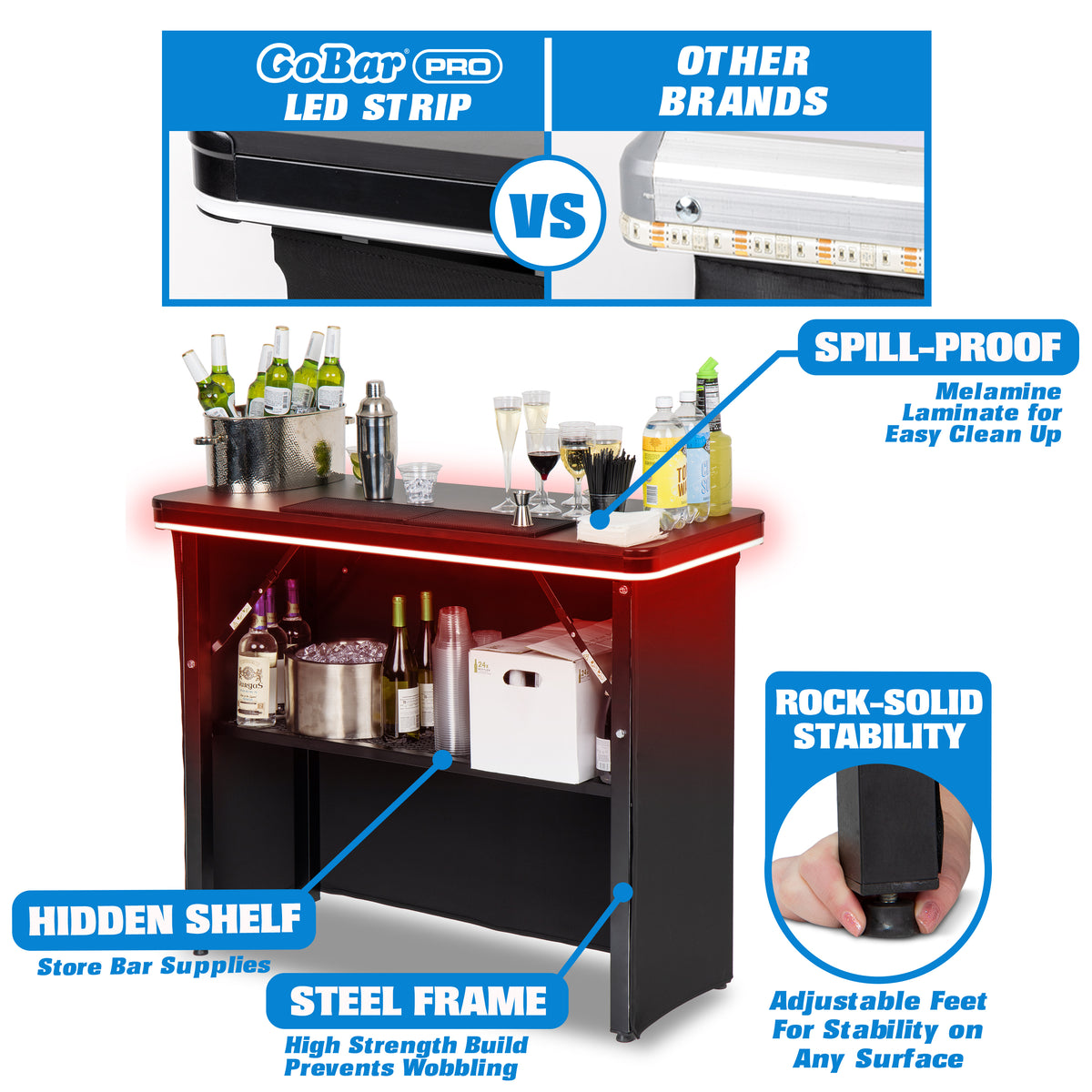 GoBar Pro LED Tragbarer Bartisch – Mobile Bar Für Events, Mit LED-Lichtern, Schwarzem Rock & Tasche (120,7 X 48,3 Cm)