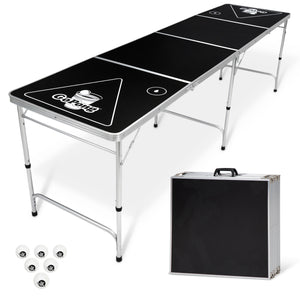 a table with with GoPong logo 6 small white balls and a folded table with black handle