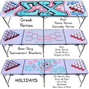 Three tables with different themes drawn on it 