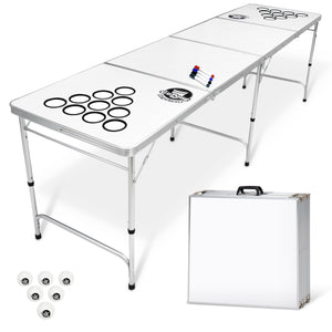 White dryeraser table with markers on top 6 white table tennis balls and a folded table