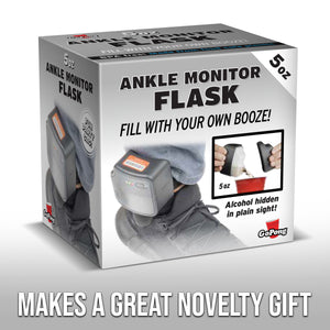 retail package fro ankle monitor flask 5 oz words display 'makes a great novelty gift'