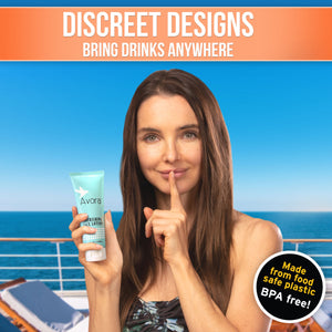 a woman holding up a tube of sunscreen words display 'discreet designs bring drinks anywhere'