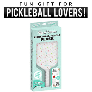 sip n serve pickleball paddle flask retail box words display 'Fun Gift for pickleball lovers!'