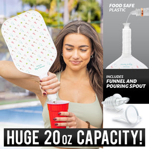 woman pouring drink to a read cup words display 'Huge 20 oz capacity food safe plastic includes funnel and pouring spout'
