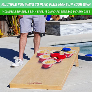 a man and a woman playing a game of cornhole