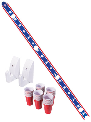 a red, white and blue striped paper with a red cup