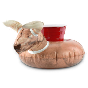 a cow with a red cup on its head