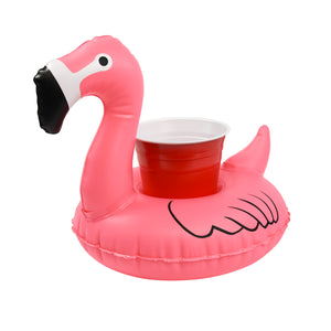 a pink flamingo shaped inflatable with a cup