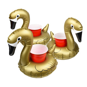 a group of three flamings with cups in their beaks
