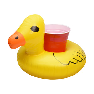 a yellow rubber duck with a red cup