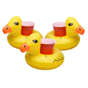 three yellow rubber ducks with cups on them