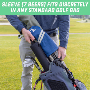 a man holding a golf bag with a golf club in it