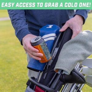 a man holding a golf club bag with a can of beer