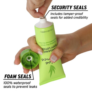 female holding green body lotion removing seal