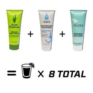 Green body lotion white hand cream turquoise face lotion words display '8 total'