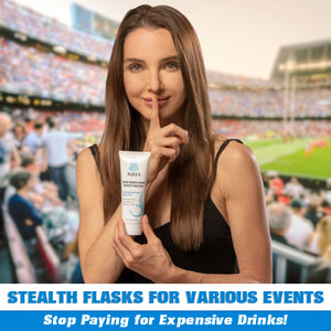 woman holding white bottle words display stealth flask for various events'