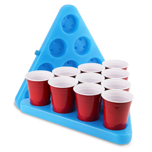 a blue ice tray with six cups in it
