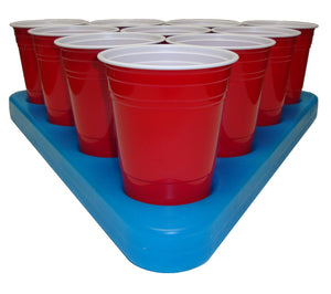 a blue tray with red cups on it