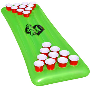 a green inflatable with red and white cups