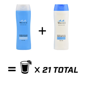 Conditioner bottle and shampoo bottle equals 21 shots total