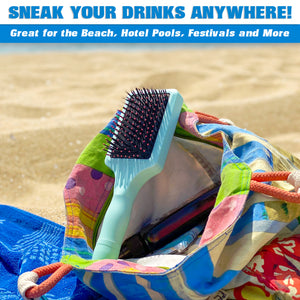 a woman sitting on a towel with a brush and a cup