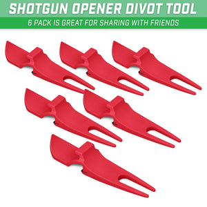six red divot tool and shotgun can opener 