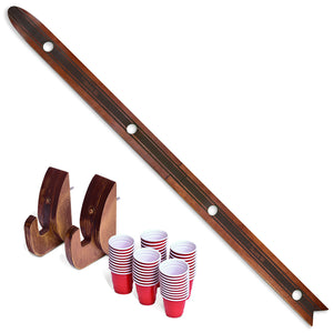 wooden ski with four holes small red cups 2 handles