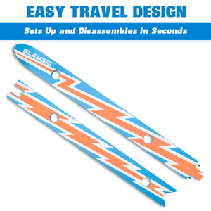 a blue and orange surfboard with a white stripe