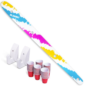 a white and blue paper with a red and yellow design