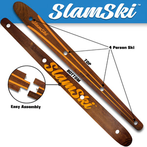 a wooden skiboard with the names and the names of each skiboard